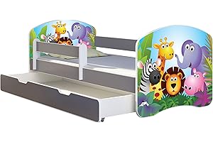 ACMA Letto per Bambino Cameretta per Bambino con Materasso Cassetto II Grigio (01 Zoo, 180x80 cm + Cassetto)