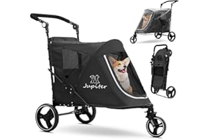 JupiterJX 3-Wheel Dog Stroller with Rain Cover, Foldable Pet Travel Carrier Cart with Adjustable Handle, One-Foot Brake, Mesh Windows & Zipper Closure, for Small to Large Dogs up to 30kg (Black)