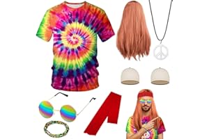 HEAWAA Kit di Costume da Hippie, Anni 60s/70s Hippie Parrucca Accessori con Maglietta Tye Dye Occhiali da Sole Fascia Bracciale per Uomini Festa a Tema Carnevale