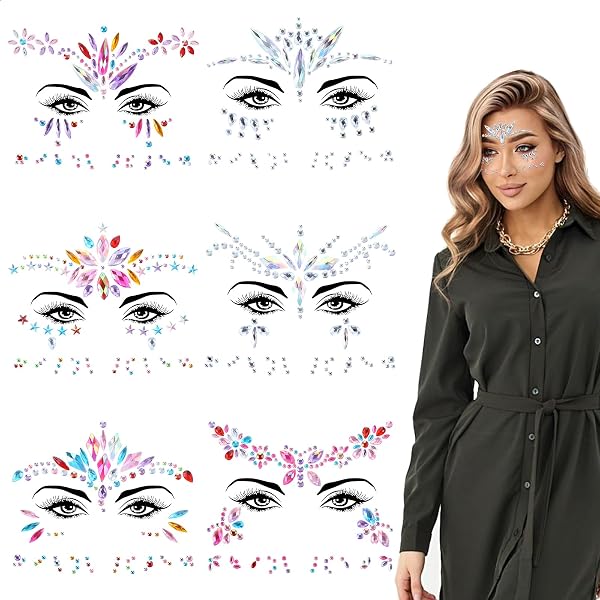 6 Blatt Glitzer-Gesichtsticker – Strasssteine & Edelsteine Für Partys – Wasserfest & Wiederverwendbar