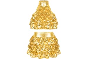 Jowowha Girls Sequins Dance Clothes Dress Sparkle Hip Hop Jazz Latin Dance Outfit Sleeveless Crop Top and Skirt