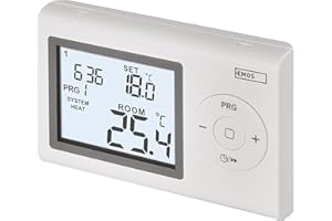 EMOS - Thermostat numérique avec écran LCD - Filaire programmable - Chauffage/climatisation - Plage température 5-35 °C - Montage en Surface - Protection Protection antigel - Pile Incluse - Blanc