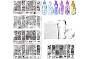 SEISSO Plantilla Estampado de Uñas Set,5 Piezas Nail Art Stamping Placas Uñas, 1 Sello de Silicona+1 Un raspador de Arte de uñas,Flores Animales Placas Estampacion Uñas con Patrón