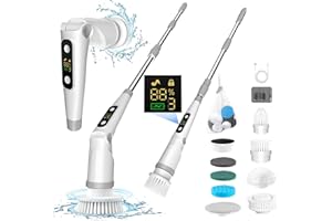 GRUTTI Electric Cleaning Brush, Spin Scrubber with 8 Replaceable Brush Heads, 3 Speeds, Adjustable Handle, IPX7 Waterproof, LED Screen, for Bathroom, Tiles, Floor, Kitchen, Glass