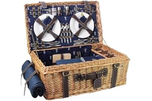 Les Jardins de la Comtesse - Picknick Wicker und Leder Champs-Elysees Blau - Picknickkorb Full / 4 Personen - Isolierfach - Feinporzellan und Weingläser - 57 x 37 x 23 cm