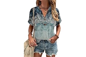 ABYOVRT Damskie Letnie Koszulki z Krótkim Rękawem, Luźny Dekolt w Serek, Tunic Print, Basic, Koszulka Damska, Top, Niebieski, XL