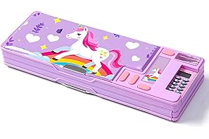 Ristpal Pop Up Multifunction Pencil Case, Cute Cartoon Pen Box Organizer Stationery with Calculators, Sharpener, Schedule, School Supplies (Purple)