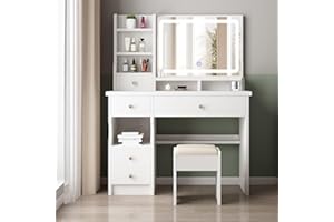 SAALU Schminktisch mit LED-Beleuchtung Spiegel,einstellbare Helligkeit, Schminktisch mit Stuhl, Frisiertisch mit 5 Schubladen und 4 Ablagen, Modern Kosmetiktisch aus Holz, Weiß (Y153)