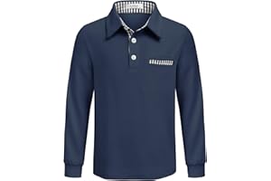 Arshiner Maglietta Polo a Maniche Lunghe per Bambino, Camicia Elasticizzata con Colletto con Dettaglio a Quadri e Taschino, Elegante e Morbida per Scuola e Autunno, 5–12 Anni