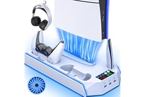 ZRZLMVP PS5/Slim/Pro Standfuß mit Controller Ladestation für PlayStation 5 Konsole Disc/Digital, PS5 Zubehör inkl. RGB Licht, Controller Ladestation, Lüfter, Headset Halterung, 3 USB Hub, Ganzes Weiß