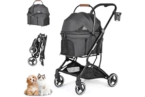 Beberoad T3 3-in-1 Pet Stroller for Small Medium Dogs Cats Under 44lbs, Foldable Pet Pram Dog Pushchair Detachable Carrier with Pad & Cup Holder, Black