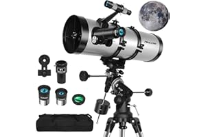 MEEZAA Telescopio Astronomico Professionale, 150EQ Newtoniano Riflettore Telescopio per Adulti e Principianti con Montatura Equatoriale, Treppiede, Adattatore Telefono, Filtro Lunare e Borsa Trasporto