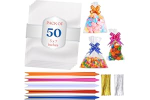 eHom Cellophane Bags Pack of 50 (5 x 7 Inches) Food Safe Cookie Bags with 50 Mix Color Pull Bows & Twist Ties- For Christmas & Halloween Gifts, Packaging, Wrapping Sweet bags for Hamper Making