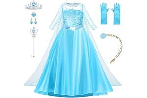 AOOWU Disfraz Niña con Accesorios Princesa, 7pcs Disfraz Princesa Niñas con Varita, Guantes, Pendientes, Anillos, Pelucas y Corona, Disfraces Halloween Chica para Carnaval Cosplay Fiesta Cumpleaños