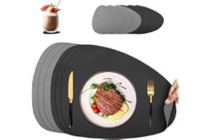 TORVEN Zestaw 6 podkładek stołowych z imitacji skóry, zmywalne i wodoodporne, podkładki o wyglądzie skóry, z podstawkami, dwustronne, antypoślizgowe (szaro-czarne)