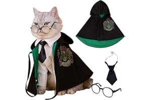 PREVENTLY Zauberer Kostüm für Hunde Katzen Umhang mit Brille Krawatte Halloween Haustier Kleidung Magische Hexerei Cosplay Robe Set