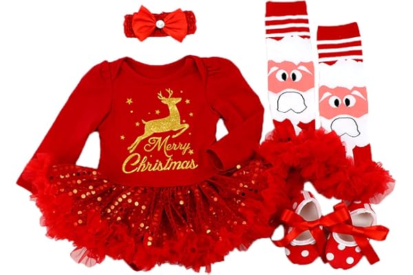 BabyPreg Bébés Filles Ma première Robe de Noël Père Noël Costume Party 4PCS