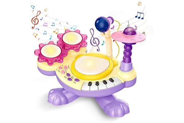Batterie Enfant 3 Ans, Tambour à Battement De Mains avec Musique, Lumières, Microphone et Touches de Piano, Éducation Précoce Instrument de Musique, Jouet Musical Bébé Noël Cadeau (Violet)