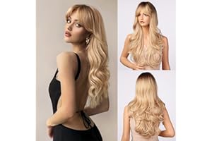 Honygebia Blonde Wig with Fringe - Long Wvay Ombre Blonde Wigs for Women, Synthetic Heat Resistant Natural Looking Blond Hair - Best Wigs for Halloween/Fancy Dress/Cosplay/Party