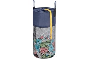 GNEGNI LIFE Pegs Bag, Mesh Large-Capacity Clothes Pegs Bag with Hook Drawstring Hanging Clothespin Bag Portable Resistant Clothes Pegs Holder Bag for Storing Clothes Peg, Socks and Toys (Navy)