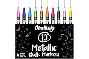 CHALKOLA Extra Fine Tip Metallic Chalk Pens (10 Pack, 1mm) Liquid Chalk Pens - for Blackboards, Chalkboard, Bistro Menu, Window - Wet Wipe Erasable