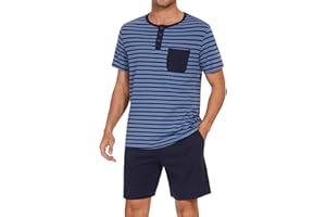 Leversic Schlafanzug Herren Kurz aus Baumwolle mit Kontraststreifen Design, Sommer Pyjama Set Oberteile und Kurze Hosen, Vater und Partner