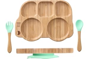 OESSUF Plato de Bambú para Bebés con Ventosa de Silicona, Juego de Vajilla Infantil para Aprender a Comer para El Destete Dirigido por El Bebe (Elefante, verde)