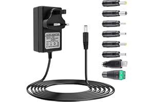 XUENIU 12V 3A Power Supply Adapter 36W Universal AC DC Cable with 8 Tips Connectors Regulated UK Plug Charger 100-240V 50-60Hz for Household Electronics LED Strip Camera Router Laptop Monitor TV Box Printer