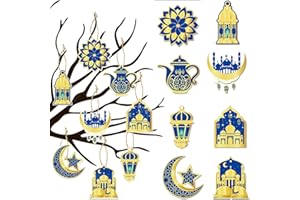 BAYMETY Ramadan Decorations Hanging Ornaments,24Pcs Paper Cutouts Double Sided Pendant DIY Eid Mubarak Decor Blue Gold Ramadan Mubarak Hanging Moon Star Castle Shaped Decor For Home Wall Tree Party Supplies