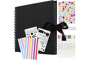 Fasood Album Photo Scrapbooking - Livre Photo Scrapbook avec 12 Stylos MéTalliques, 80 Pages Album Photo Personnalisable Pages Noires, Cadeaux pour Mariage Voyage Bebe