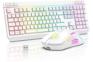 RedThunder K20 Wireless Keyboard and Mouse Combo, UK Layout Full Size Keyboard with Multimedia Keys + 7D 4800DPI Optical Mice, Rechargeable RGB Gaming/Office Set for PC Laptop (White)