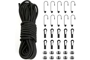 JRJRN 20M Corda in Poliestere Morbido, Corda di Tensione Nera con 10 Ganci a Spirale, 10 Ganci In Plastica, 10 Morsetti a Strozzo, Multifunzionale Spesso Corda Intrecciata per Campeggio, Teloni