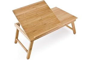 Relaxdays 10016734 Table pour Ordinateur HxlxP : 24 x 55 x 33 cm Portable Table de Lit Pliante pliable avec un petit tiroir en bois de bambou tablette inclinable réglable support genoux laptop, nature