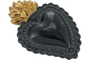 Baroni Home Cuore Sacro Ex-Voto in Ceramica Dipinta a Mano con Fiammella, Arte Sacra Tradizionale, Decorazione da Parete per la Casa, Nero, 16x11 cm