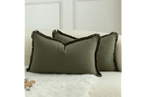 Mandioo Set of 2 Neutral Cotton Fringe Cushion Covers 30x50 cm 12x20 inch Decorative Boho Farmhouse Throw Pillowcase Cozy Tassels for Couch Sofa Bedroom Living Room Home Decor Olive Green
