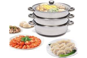 FUTCHOY 28cm Three Layers Stainless Steel Steamer Suitable for All Stoves, 27.6cm x 16cm, Sturdy Steel Handles, 3-Tier Construction