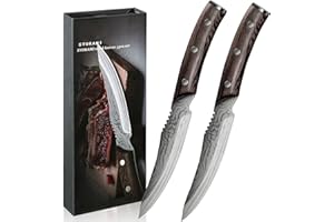 SYOKAMI Steak Knives Set of 2, 4.8 Inch High-Carbon Japanese Stainless Steel Non-Serrated Meat Knife with Wood Handle, Damascus Pattern Full Tang Design, Razor-Sharp Dinner Knives with Gift Box