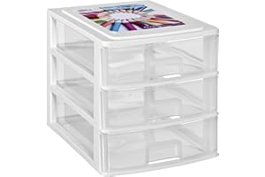 Hummelladen Schubladenbox DIN A4 mit 3 Schubladen 35,5x26,5x26,5 cm - Weiss-transparent Kunststoff Drawer Tower Box Organizer für Schreibtisch Easy-Pull-System