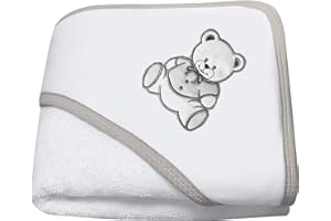 NOSBEBES ® Fabriqué en EUROPE Sortie de bain brodé, peignoir, 100% COTON idee cadeau naissance bébé, Serviette de Bain Bébé (BLANC BLEU 2 OURS)