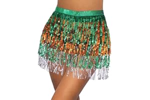 Flovel Jupe de Danse du Ventre pour Femmes, Jupes à Paillettes Scintillantes, Echarpe à Franges, Jupe Portefeuille de Fête, Costume Rave