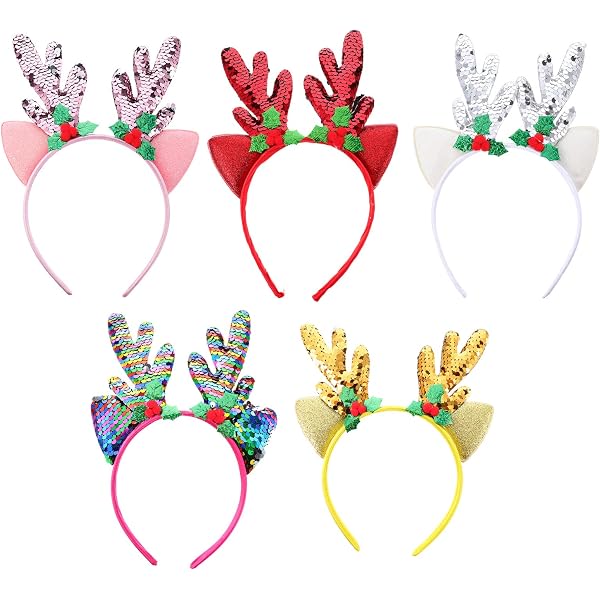 Lurrose Weihnachts Rentier-Geweih Stirnbänder – 4 Stück Set Mit Glitzer & Glöckchen
