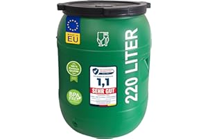 plasteo Weithalsfass 220 L Deckelfass lebensmittelecht – stabiles HDPE Universalfass mit Schraubverschluss, für Futter, Lagerung und Transport, grün, rund