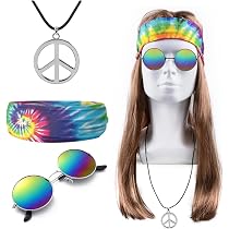 Hippie Kostüm Set – 5-teilig Mit Perücke, Ohrring, Sonnenbrille, Peace-Halskette, Batik-Stirnband, Für Karneval, Halloween, 80er/90er Partys