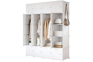 JOISCOPE Portable Wardrobe for Bedroom Storage Organizer Closet with Clothes Hanging Rail, Deeper Cube Combination Armoire Modular Cabinet for Clothes Shoes Toys, White (20-cube)