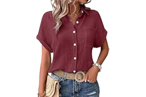 Nuoke Muslin Blouse Women's Shirts Blouse Elegant Tunics Summer T-Shirt Short Sleeve Linen Button Blouse Long Oversized T-Shirt Casual for Leggings