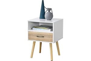 [EN.CASA] Comodino da Notte con Cassetto e Scomparto Portaoggetti 57 x 42 x 40 cm Tavolino da Divano a 4 Gambe in Legno Tavolo Basso da Salotto/Soggiorno/Camera da Notte - Bianco/Effetto Rovere