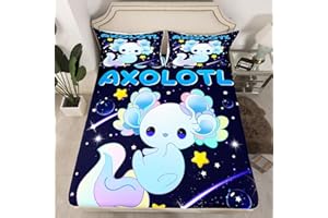 HOMEMISSING Galaxy Axolotl Bed Sheet Set Cute Axolotl Bedding Set for Kids Cartoon Salamander Fitted Sheet Blue Axolotl Bed Cover Sealife Bed Set Single