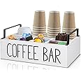 Coffee Station Organizer, Wooden Coffee Bar Accessories Organizer for Counter, Farmhouse Kcup Coffee Pod Holder Storage Basket with Handle, Coffee Bar Organizer Station for Coffee Bar Decor White