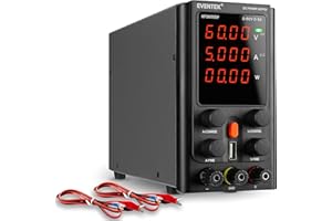 Labornetzgerät,eventek labornetzteil DC, Regelbar, mit 4 stelliger LED Anzeige, Alligatorenkabel/Prüfleitungen,5V 2A USB Schnittstell (60V 5A schwarz)