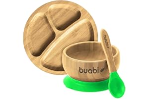 BUABI Vajilla de Bambú natural, set 3 piezas: Bowl Plato y Cuchara. Con ventosa antideslizante en la base. Bambú y silicona grado alimentario, Ecológico sin BPA (Verde)